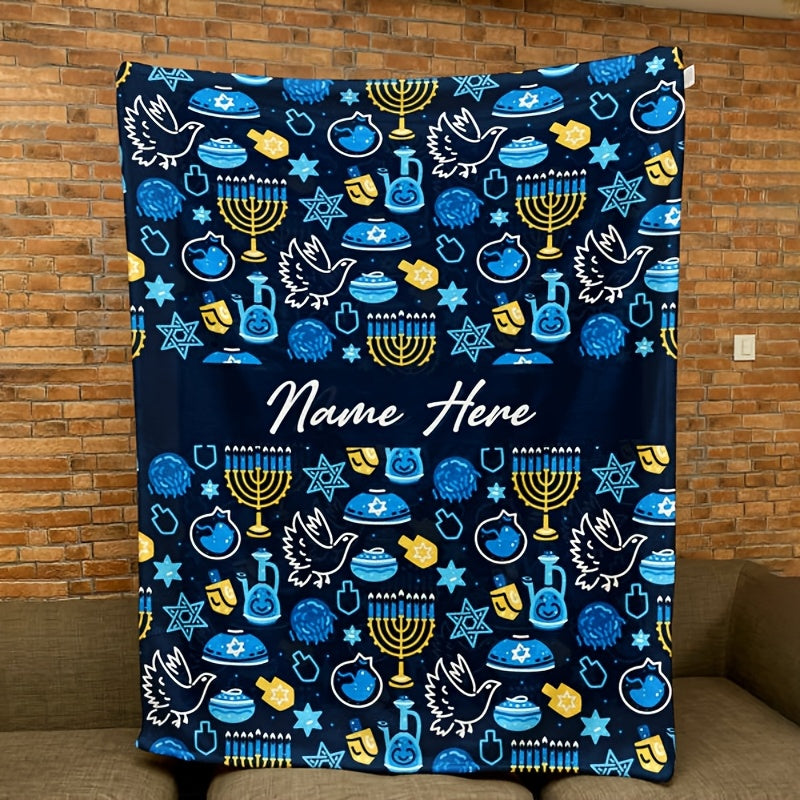 Get into the holiday spirit with our personalized Happy Hanukkah flannel throw blanket! This cozy and soft blanket is perfect for cuddling up on the couch, bed, or even taking with you on-the-go. The machine-washable design makes it easy to clean and