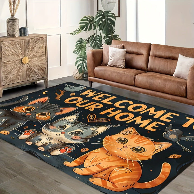 Add a Touch of Adorableness to Your Home with this Cute Cats "Welcome to Our Home" Doormat - Easy to Clean Machine Washable Polyester Non-Slip Rug Perfect for Any Room in Your House or Outdoor Area - Stylish and Functional Mat to Keep Your Space Clean