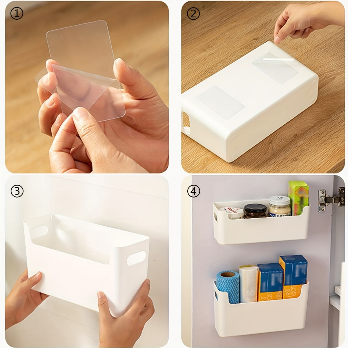 Wall-mounted storage box with cabinet inside for organizing supplies without punching holes. Cabinet door includes shelf for fresh-keeping film and bags.