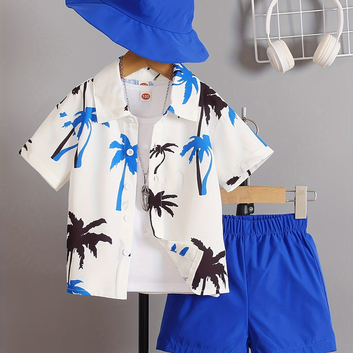 Boys' summer set with coconut tree design shirt, shorts, and hat for daily and outdoor wear