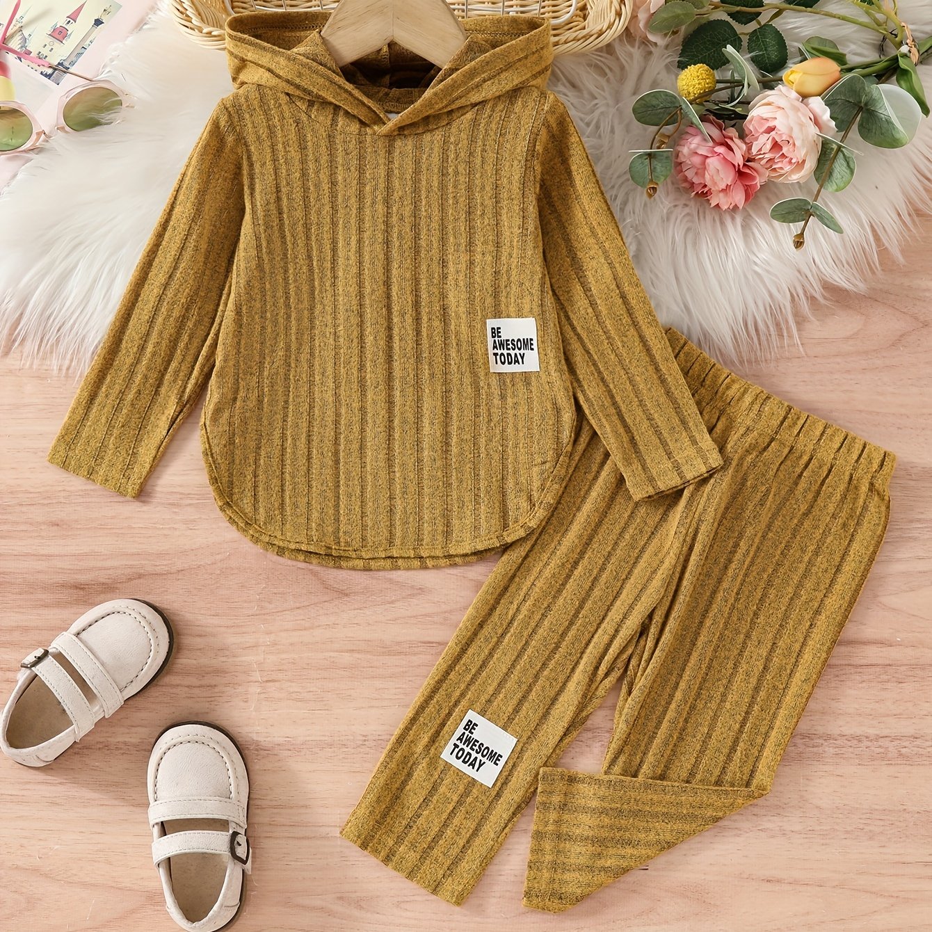 Chic striped hooded pants set for girls 12 and under, perfect for outdoor activities in spring and fall.