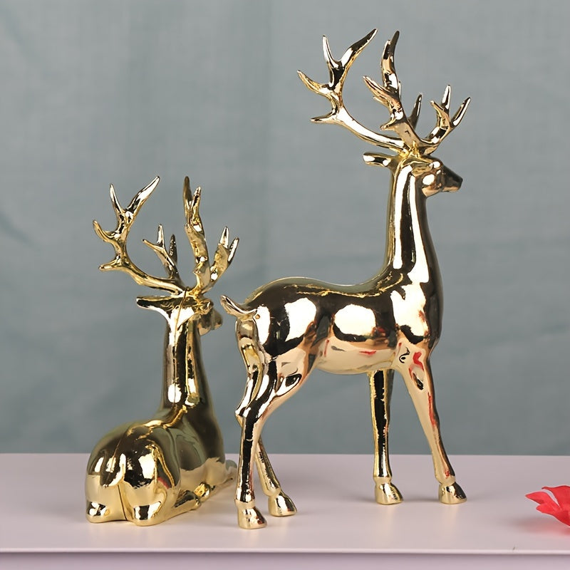 Luxurious gold-plated Christmas reindeer statues - perfect for home decor, wine cabinet display, holiday tabletop accents, and as a gift.