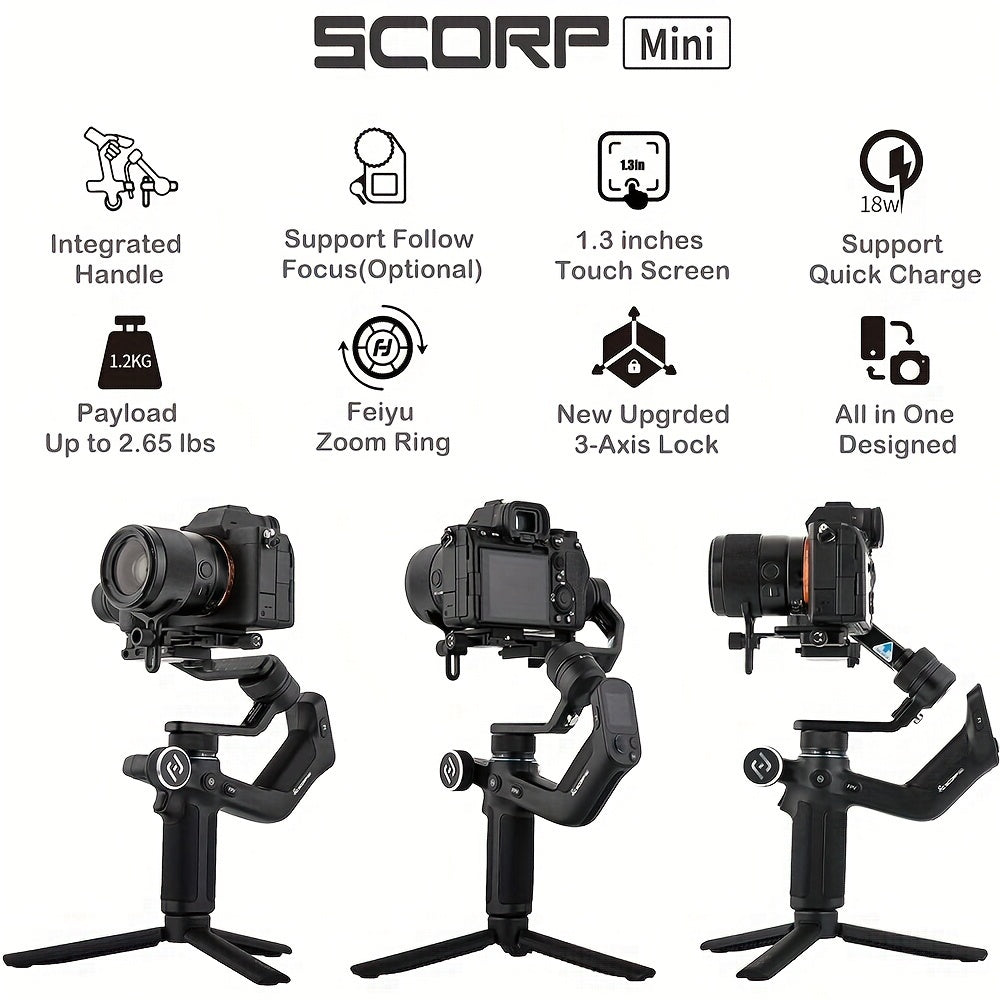 FeiyuTech Scorp Mini: Stabilizer for Mirrorless Cameras, Compact Cameras, Action Cameras, Gopro, iPhone 15 Pro, with Touch Screen, 1.18KG Payload.