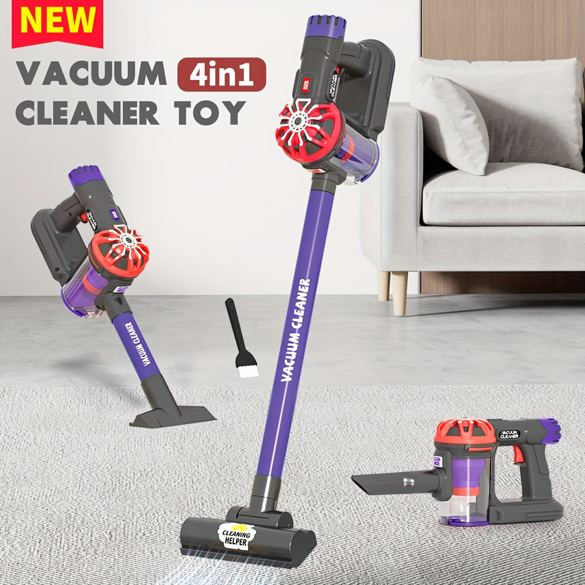 TUSEANG 4-in-1 Cordless Toy Vacuum Cleaner for Kids in Purple & Gray, Ideal for Pretend Play and Home Cleaning