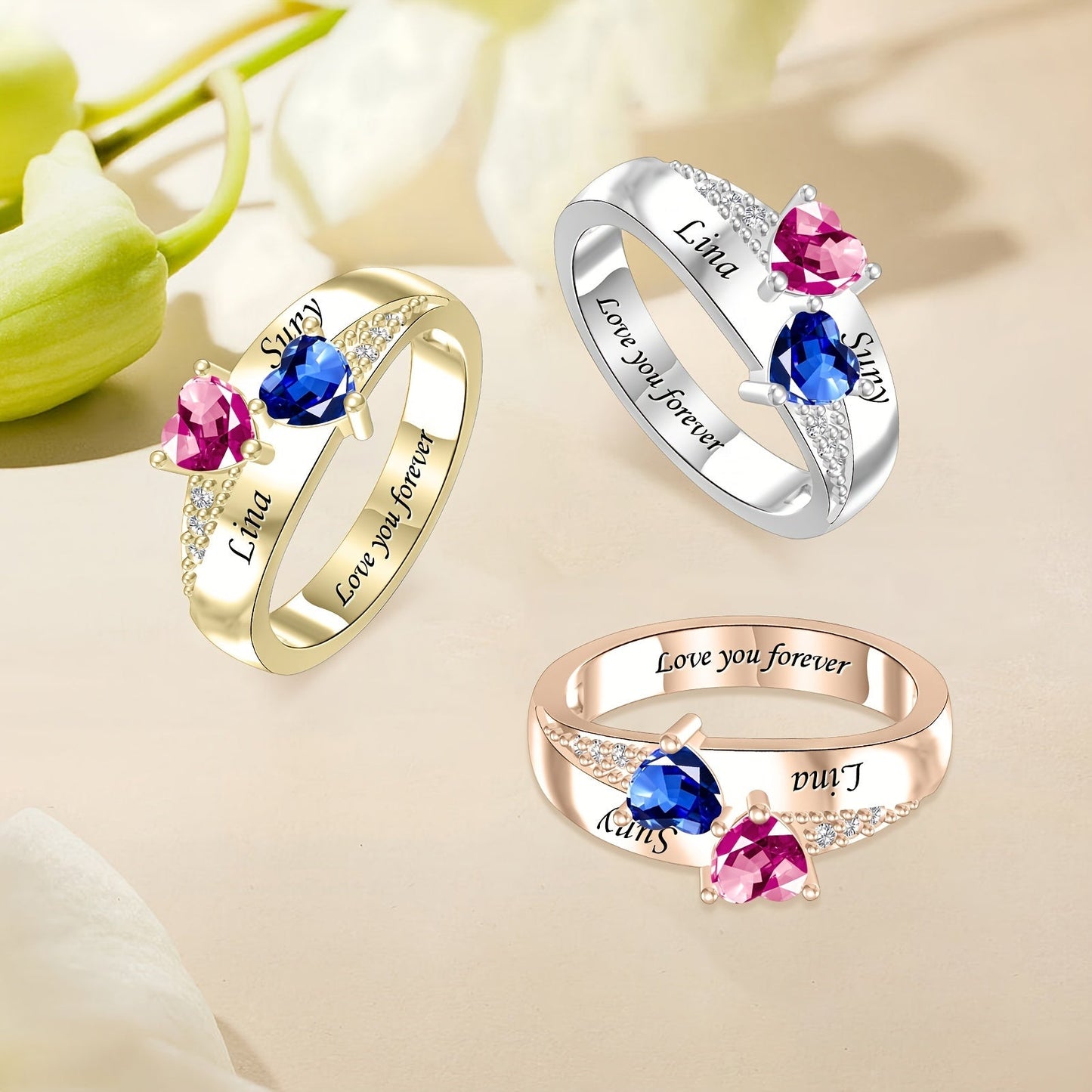 Elegantly personalized ladies' ring with custom name engraving and birthstone option. Made of silver plated copper and synthetic zirconia, this versatile piece is perfect for both daily wear and special occasions. An ideal gift for Thanksgiving