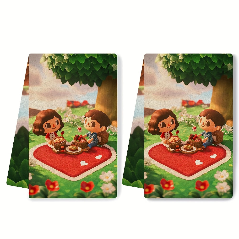 Two-pack of kitchen towels made from ultra soft polyester, featuring a contemporary coastal theme. These towels offer high absorbency and are machine washable. They are rectangular in shape and measure 40.64x60.96 cm, perfect for use as dish or hand