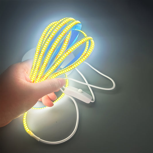 USB-powered COB LED strip light with switch, flexible tape design, high brightness, available in various lengths, warm/white light, includes USB cable, ideal for home lighting in bedrooms, kitchens, garages, and TV walls.