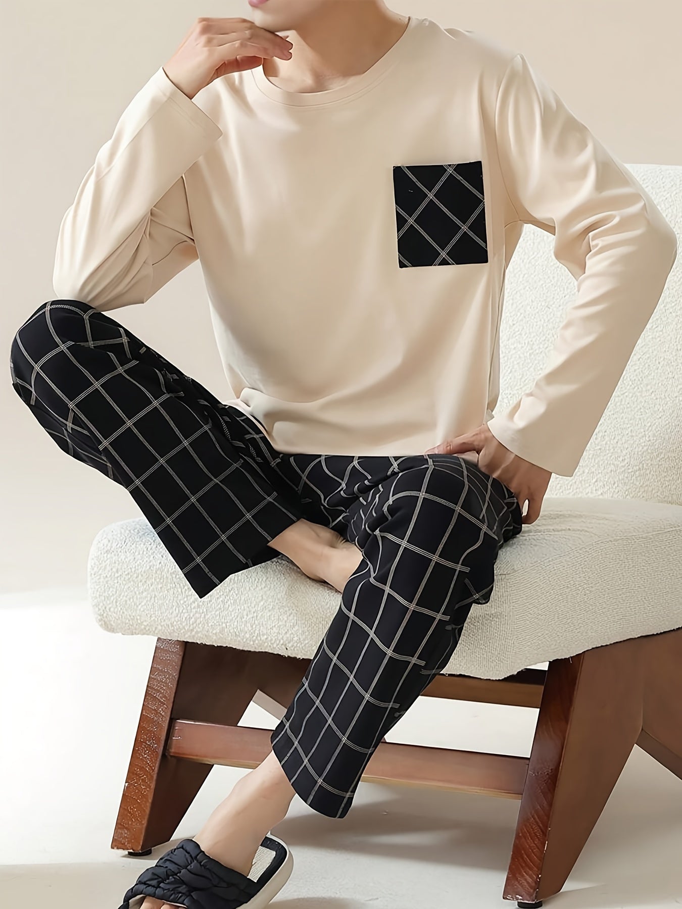 Men's beige long sleeve pullover with pocket, plaid pants in a soft and comfortable sleepwear set. Casual style, regular fit in knit polyester blend fabric - perfect for all seasons.