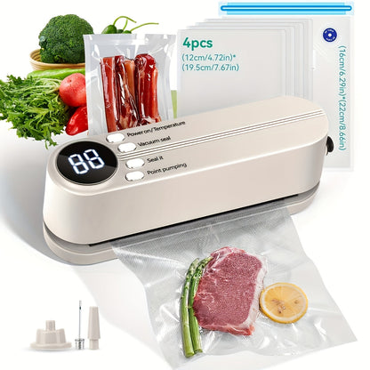 A convenient Portable Vacuum Sealer with Inflatable Pump that is Semi-Automatic and USB Rechargeable. Made from durable Plastic Material, it features a powerful 10W motor and a 1200mAh Lithium Battery for efficient Food Preservation.