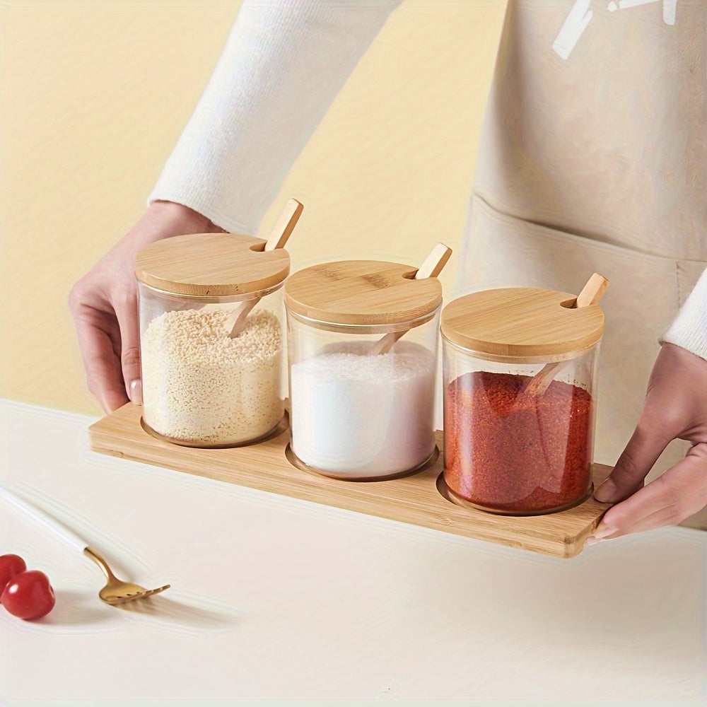 3 plastic spice jars with moisture-proof lids and tray for kitchen sugar and seasonings, rust proof.