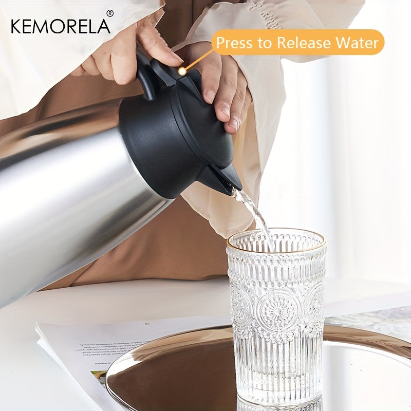 The KEMORELA 1.5/2L Thermal Kettle is made of durable stainless steel with vacuum insulation for 24-hour heat preservation. It has a large capacity and is perfect for home or office use, making it a portable and efficient coffee pot.