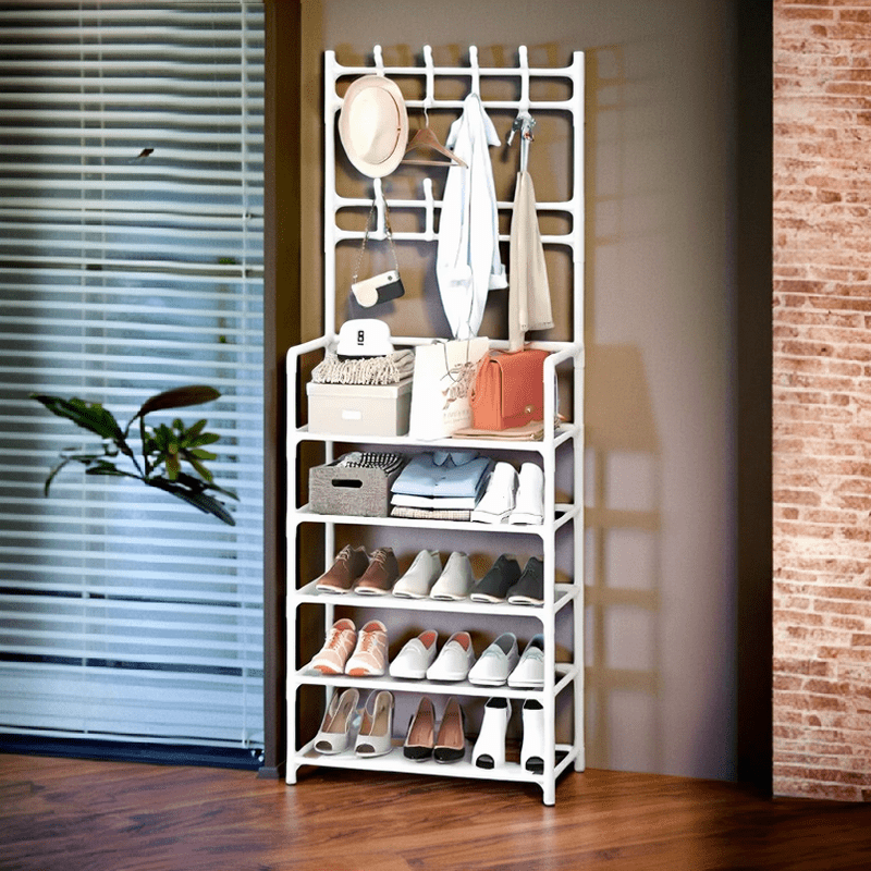 Get organized with the 1pc Modern 5-Tier Plastic Shoe Rack featuring 18 Hooks. This freestanding, waterproof coat and shoe organizer is perfect for your home entrance or dormitory. With easy assembly and sturdy construction, no electricity is needed. It