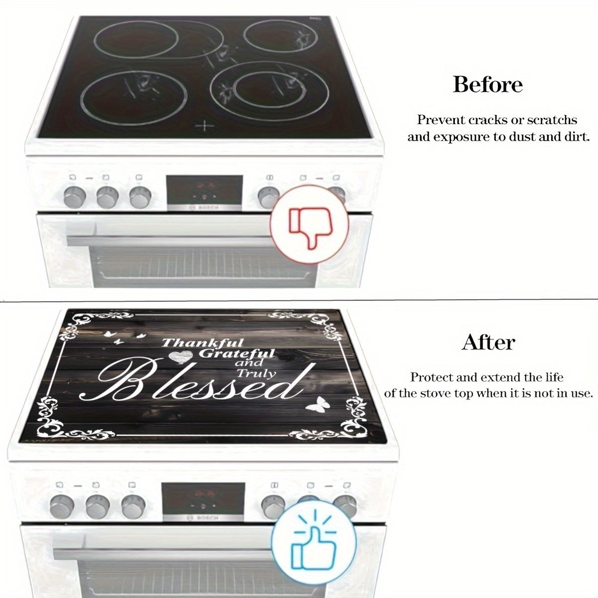 '- Extra Large Stove Top Cover for Electric Stove, 28.5x20.5" (72.5x52cm) 
- Anti-Slip, Waterproof Mat for Glass Stove Top Protection
- Multipurpose Cooktop Cover Prevents Scratching and Damage
- Fits Flat Top Ovens and Washer Dryers