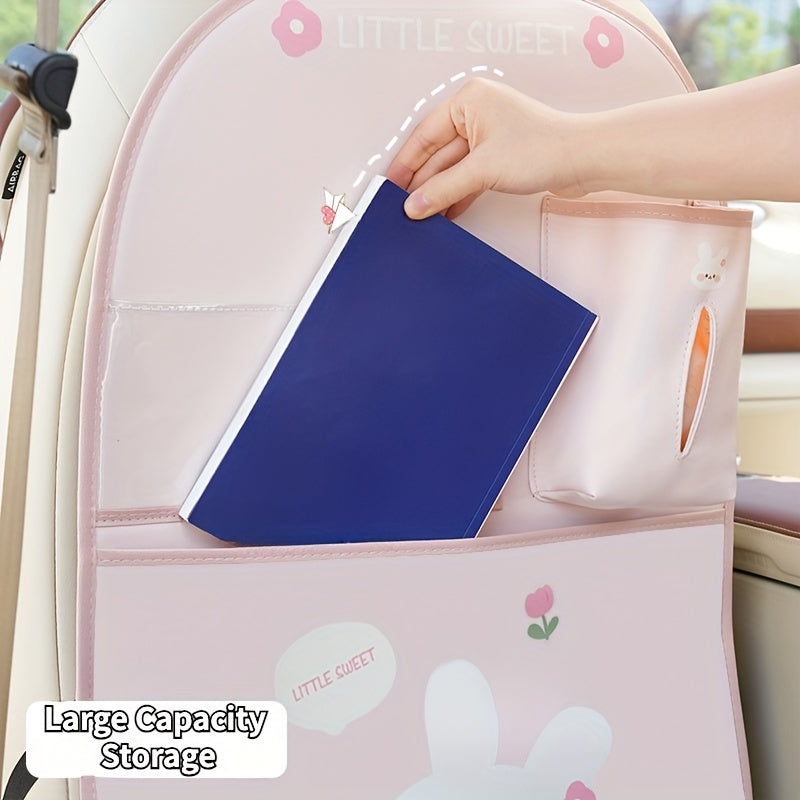 Car Seat Back Storage Bag with Cute Cartoon Design, Multifunctional Protection Pad.