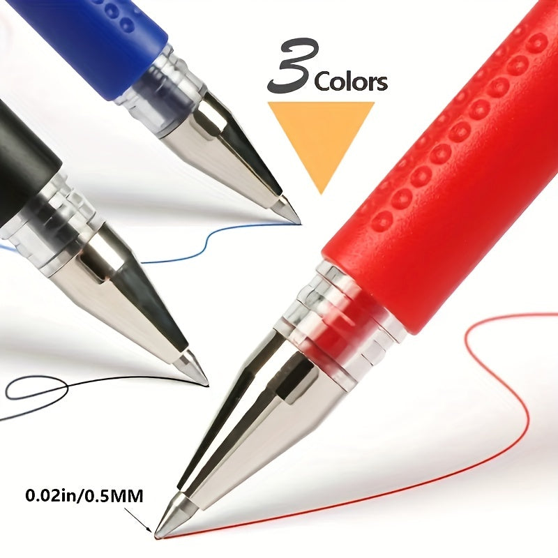 50-pack gel and ballpoint pen set with fine 0.5mm point in assorted black, blue, and red ink. Ideal for students, school, and office use with comfort grip. Suitable for ages 14 and above.