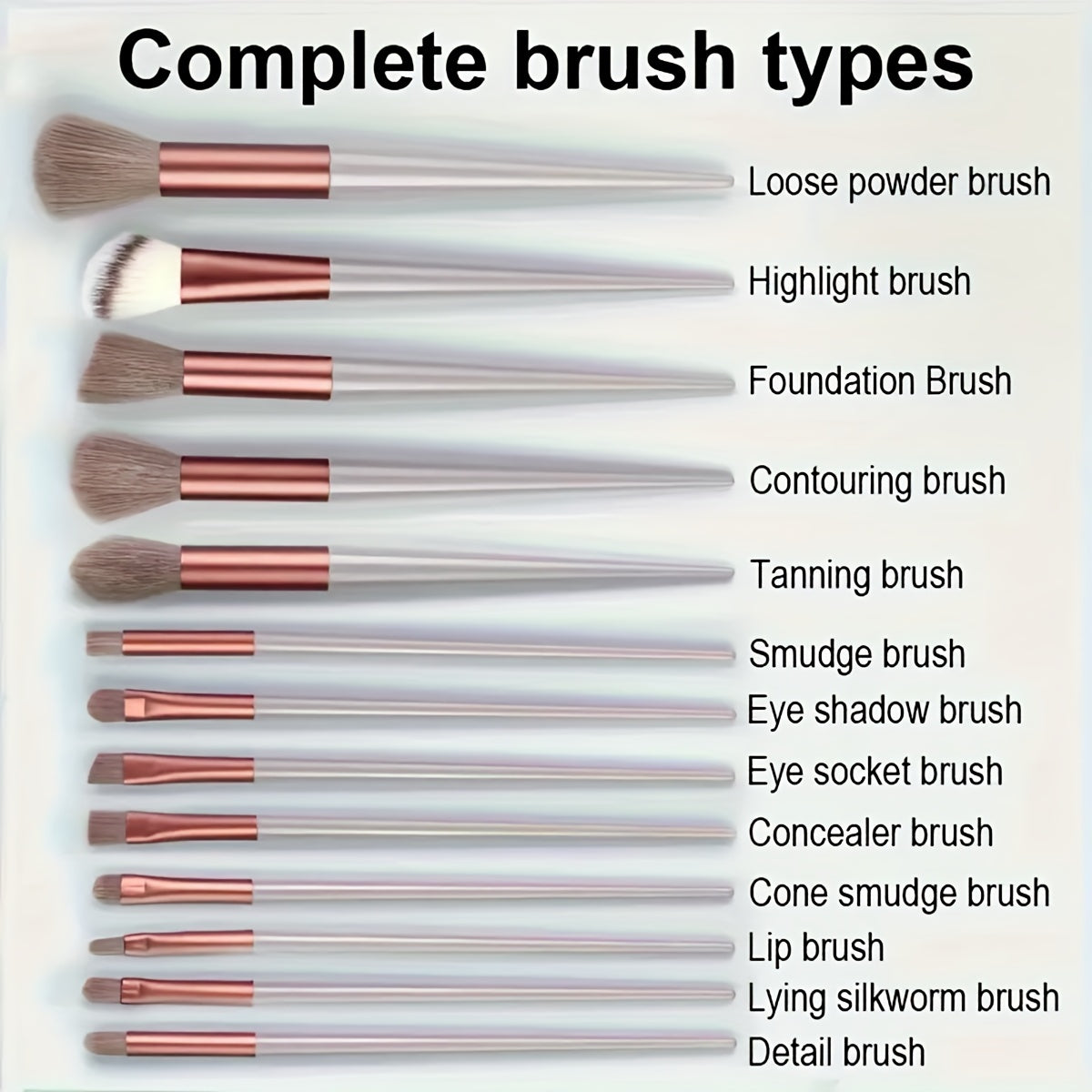 Travel-friendly makeup brush set with 13 pieces featuring nylon bristles and ABS handles, suitable for foundation, eyebrows, concealer, and eyeshadow for all skin types.