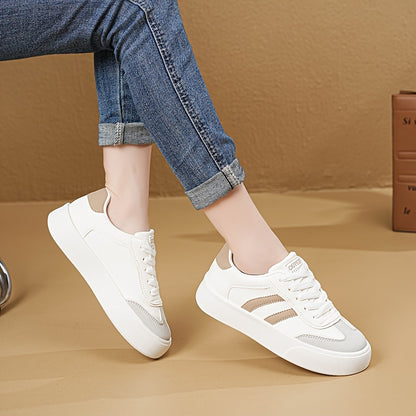 Breathable Lace-Up Cap Toe Sneakers with Korean Style Stripes for Women - All-Season Fashion Shoes with PVC Sole and Non-Woven Insole