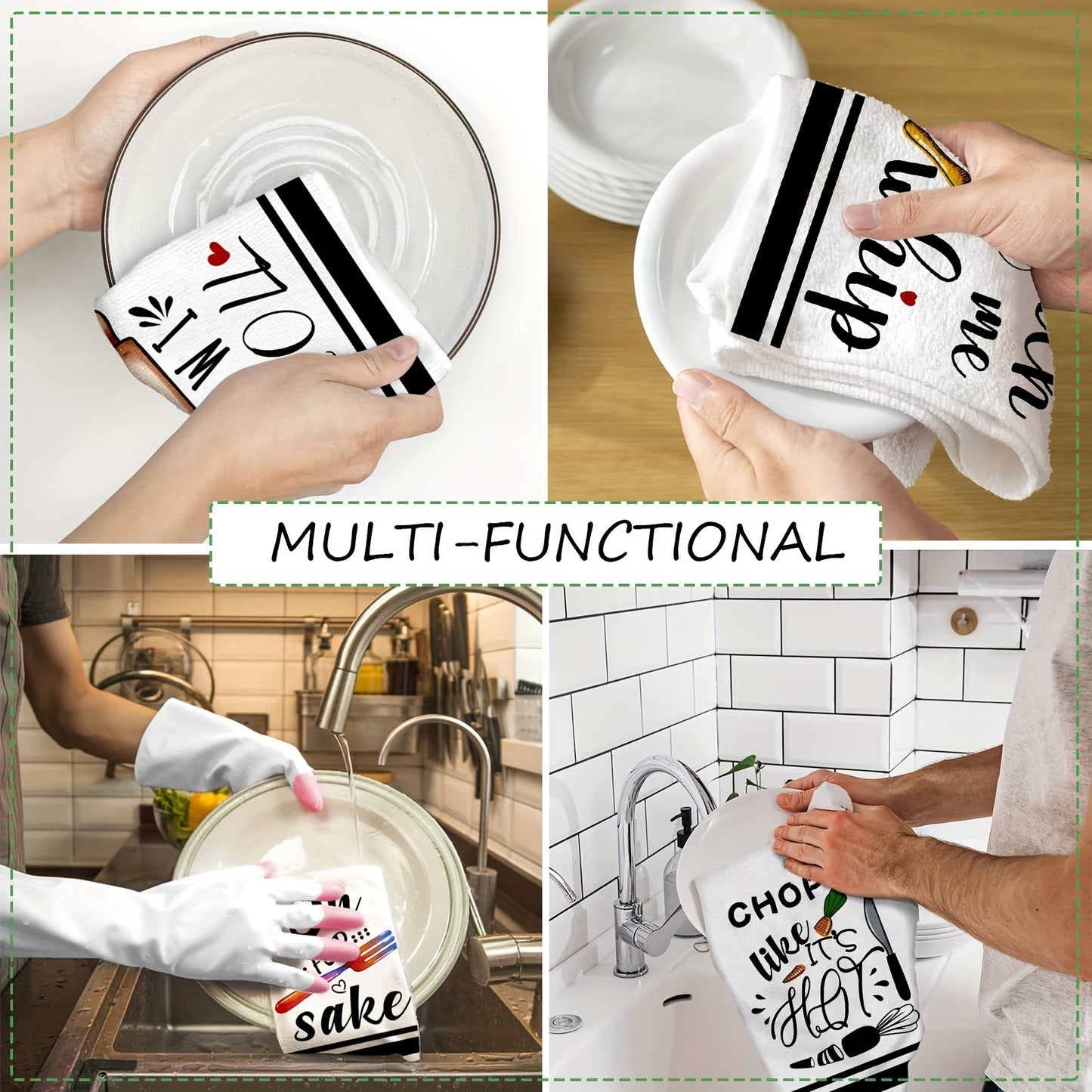 2 funny kitchen towels with sayings, egg beater and rolling pin design. Absorbent for drying dishes and ideal for cooking and baking.