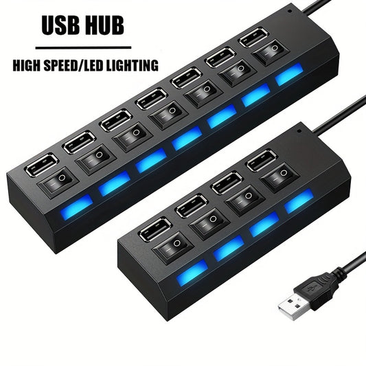 2pcs/1pc USB 2.0 Adapter Hub with 7 Ports/4 Ports and LED Light, Independent Power On/Off. For data transmission only, not for charging. Compatible with computer, tablet, and laptop.