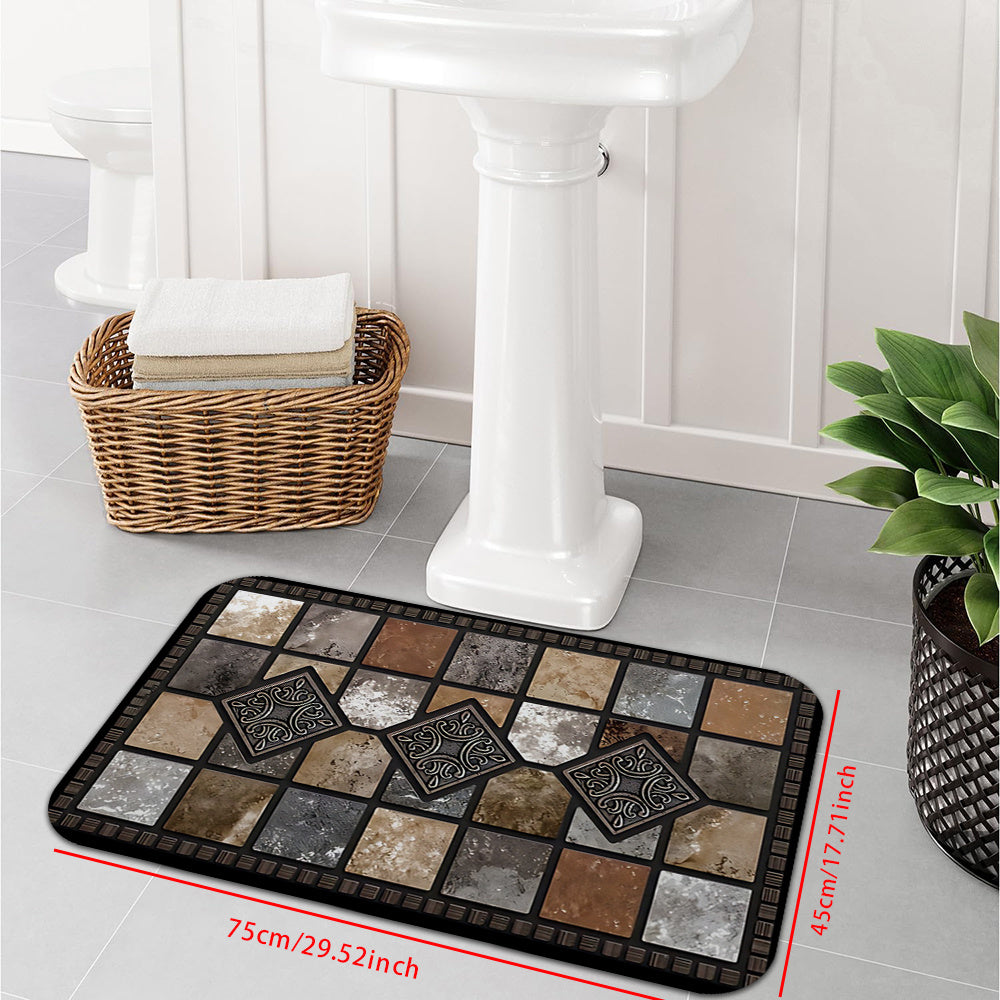 Welcome guests with this durable, non-slip washable polyester fiber doormat featuring a redstone and tile pattern. Perfect for entryways, gardens, and living spaces, this machine washable rug comes in multiple sizes to suit your needs. Add a farmhouse