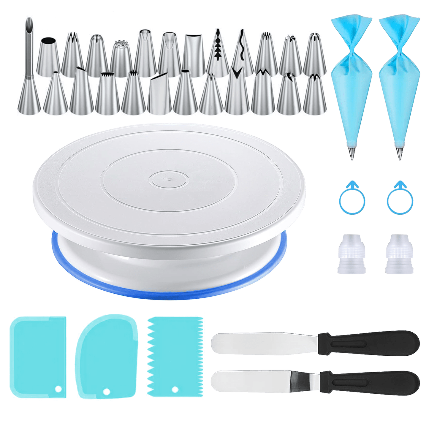 36-piece Stainless Steel Decorating Nozzle Cake Turntable Set with various tools for baking and decorating