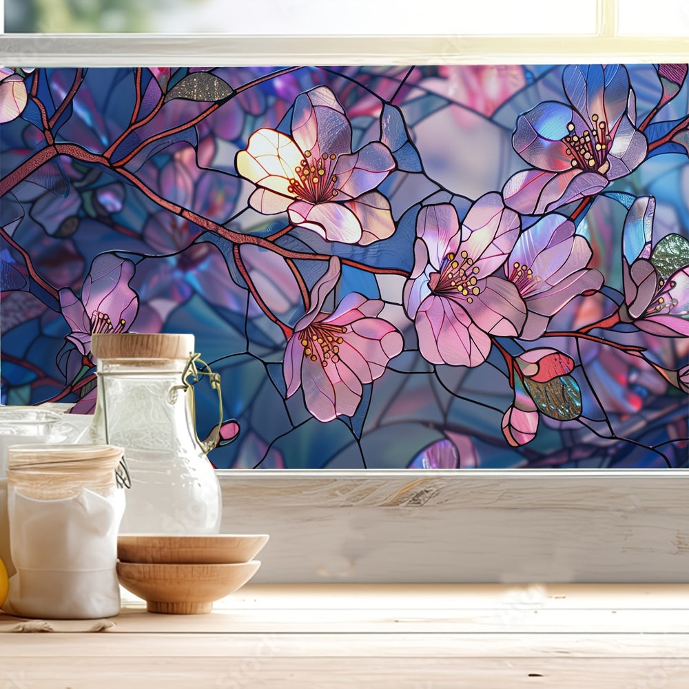 Reusable Classic Floral Stained Glass Window Film with Static Cling - Perfect for Home Office, Living Room, Kitchen, and More! Rectangular Shape, Dull Finish, 11mil Thickness.