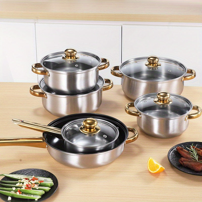 Stainless Steel Cookware Set with 12 Pieces, featuring Golden Handles, Removable Lids, and Interchangeable Pots and Pans for Use on All Stove Types