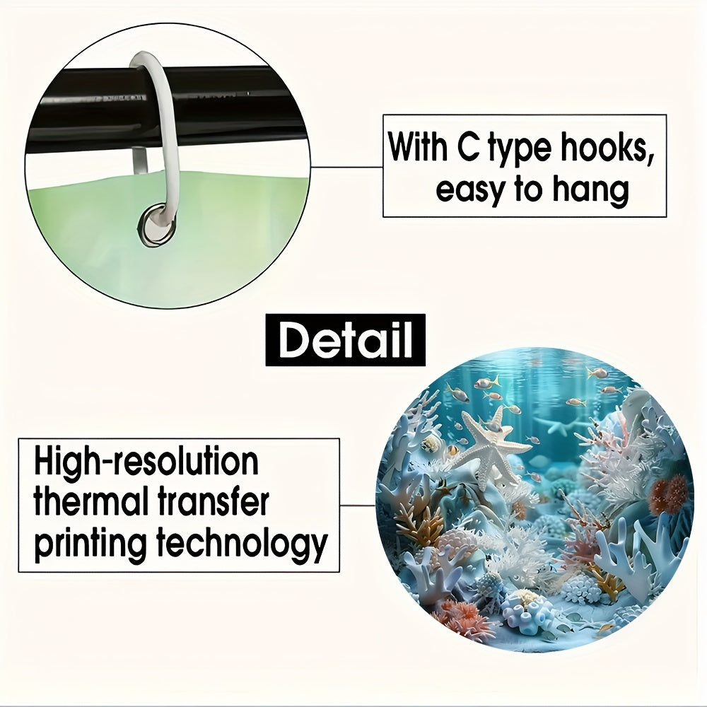 Набор занавесок для душа в океанском стиле с принтом ракушек и морских звезд, включает водонепроницаемую занавеску, нескользящий коврик, крышку для унитаза, коврик для ванной, 12 пластиковых крючков для домашнего декора.