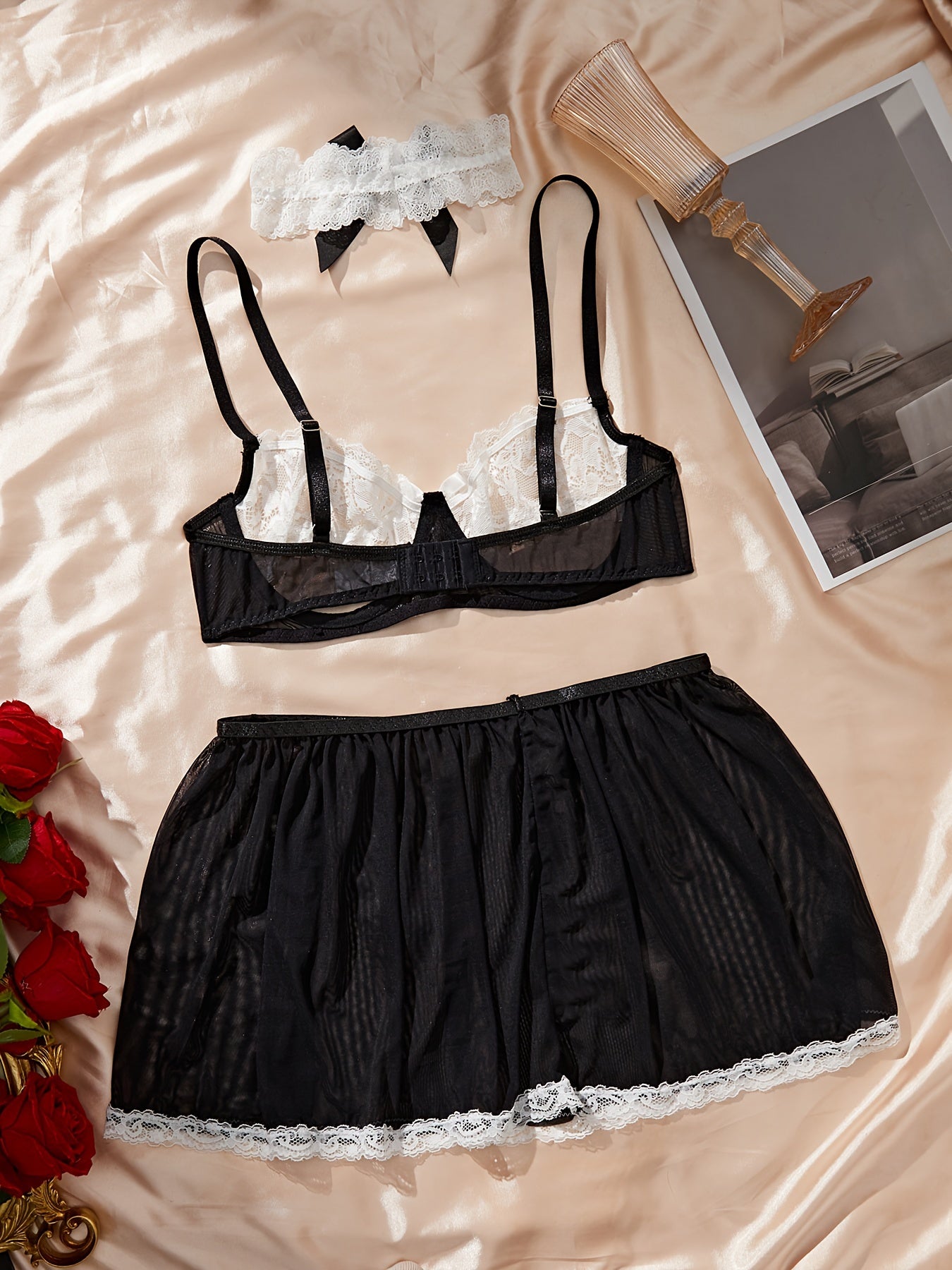 Floral lace maid cosplay lingerie set with semi-sheer intimates, bra, mini skirt, and choker for women.