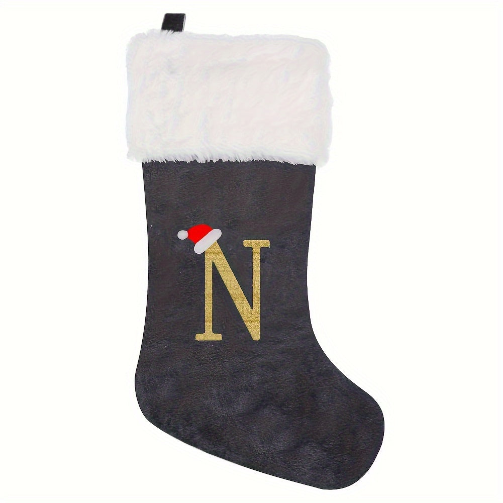 Modern Christmas stocking featuring 'HOME' embroidery in grey and white, made of polyester flannel, 43.18cm in length, feather-free, perfect holiday gift.