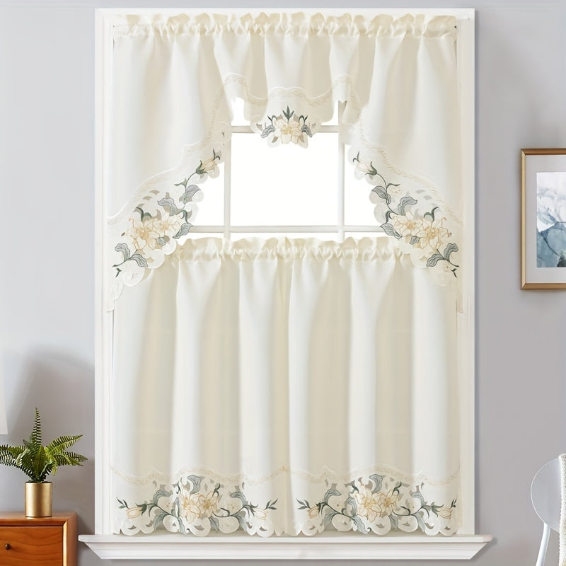 Enhance Your Home Decor with These Elegant 3-Piece Beige Floral Embroidered Polyester Window Curtains - Ideal for Bedroom, Living Room, Kitchen, and More!