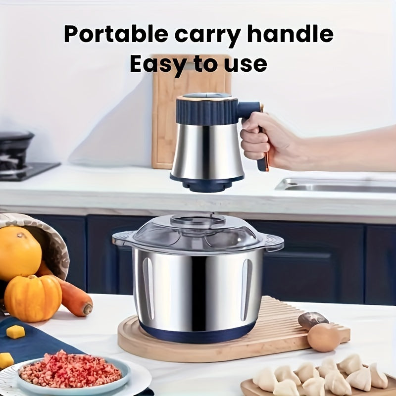 Electric vegetable chopper and meat grinder, ideal for quick food prep with adjustable speeds and easy cleaning.