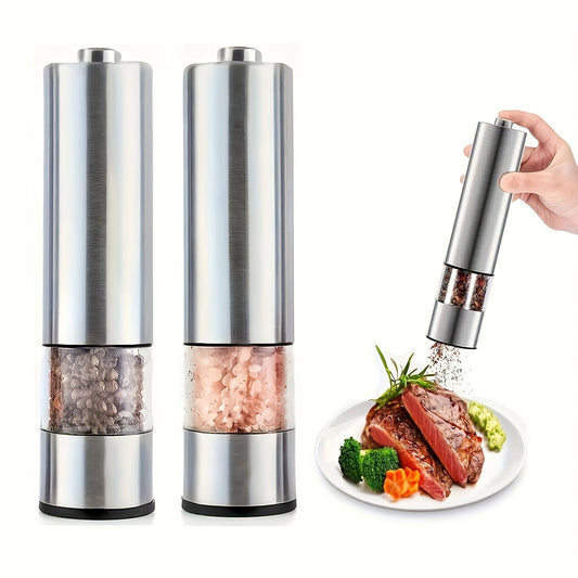 Get your hands on a set of two electric salt and pepper grinders that are battery powered. These grinders offer convenient one-hand operation and feature an automatic pepper grinder. They are electronically adjustable and can be used as essential kitchen