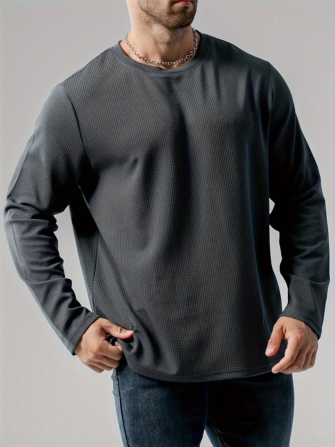 Men's Plus Size Thermal Knit Pullover - Loose Fit Round Neck