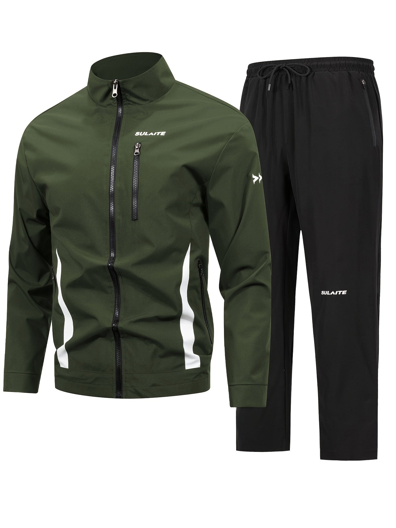 Men's athletic tracksuit set with zip-up jacket and casual pants, made of machine-washable polyester.