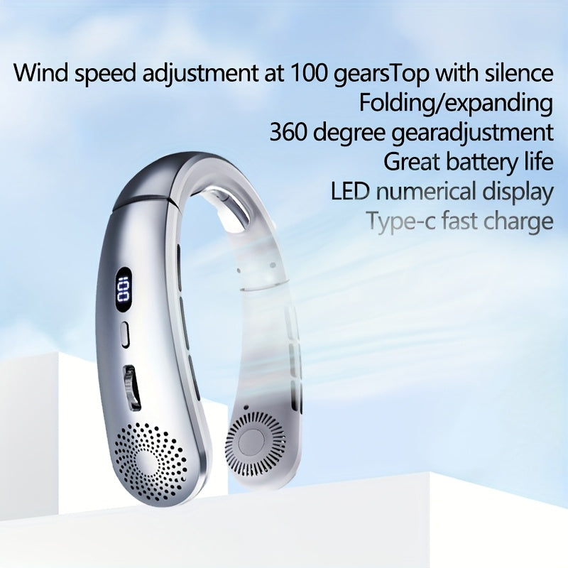 Introducing the 2025 Portable Neck Fan: Experience the innovation of a 100-speed bladeless design, complete with LED display, hands-free wear, and USB rechargeable battery. Perfect for both indoor and outdoor use.