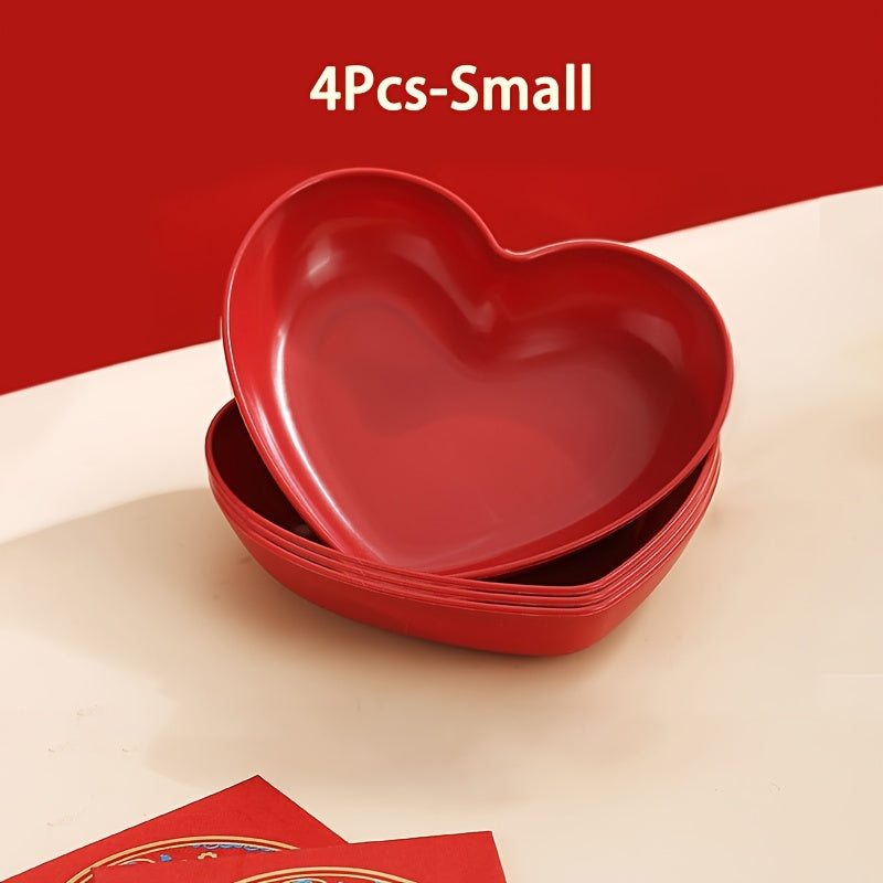 Heart-shaped plastic plates for weddings in sets of 4 or 8. Decorative red serving dishes for snacks, salads, and candy. Versatile party platters for all seasons.