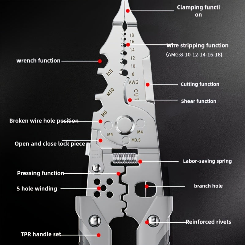 Multifunctional wire stripper pliers designed for electricians with special wire splitting and peeling capabilities, industrial wire wrapping and cutting functions, and universal wire