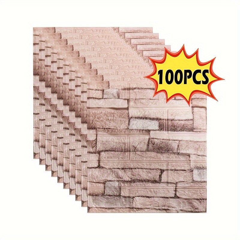 3D stereo brick stickers for indoor home decoration, available in quantities of 20, 50, or 100 pieces. Dimensions are 38.5×35cm/15.16×13.78in. PE foam material is waterproof and oilproof.