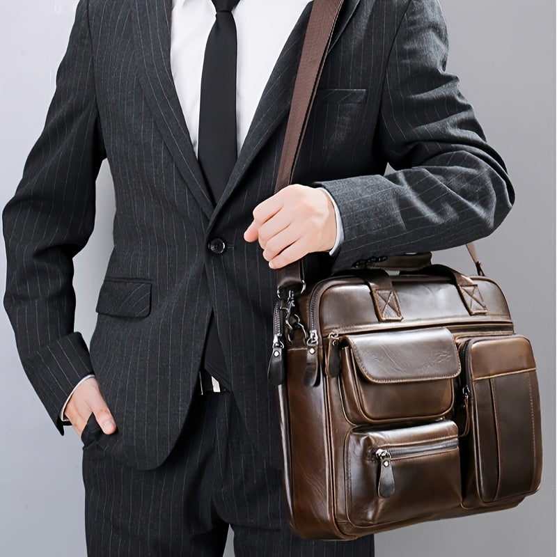 Men's leather business travel briefcase with adjustable shoulder strap, laptop compartment, multiple zippered pockets, in brown top grain cowhide.