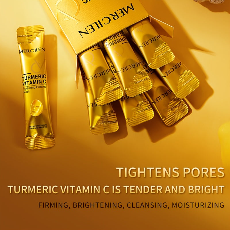 MERCILEN Turmeric Vitamin C mask provides deep cleansing and moisture, suitable for all skin types..GraphicsUnit contains 10 pcs, with ingredients like Retinol, Aloe Vera, and Hyaluronic