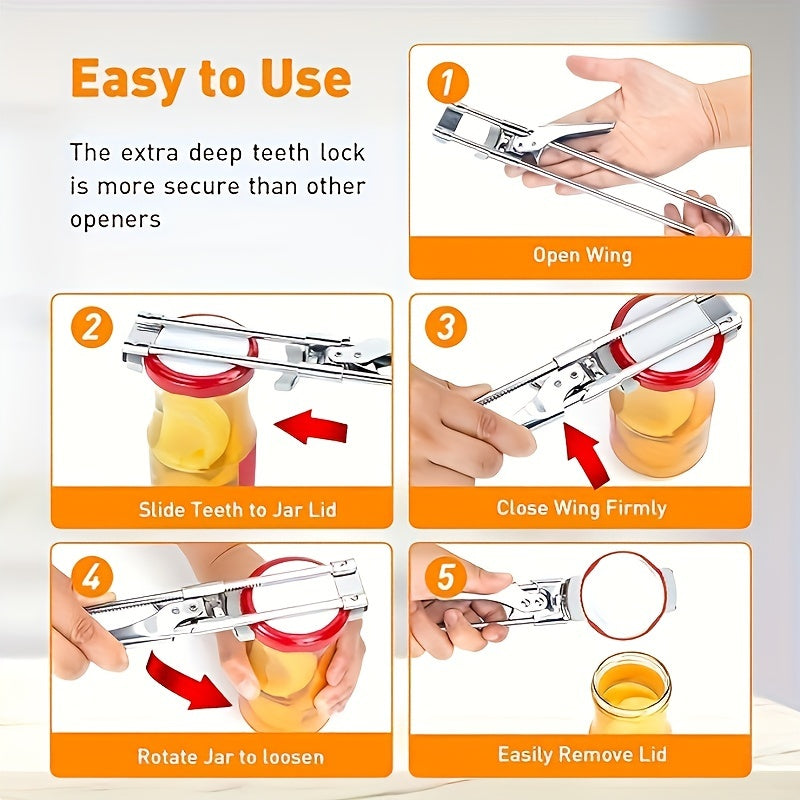 Многофункциональный открыватель для банок из нержавеющей стали - Легко регулируемая, противоскользящая ручка для легкого открытия банок и бутылок - Идеально подходит для пикников, незаменимый кухонный инструмент