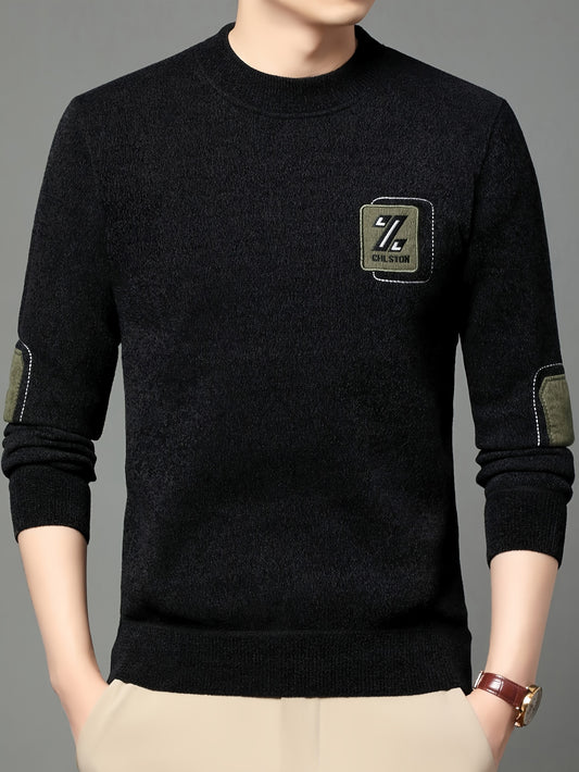 Men's winter sweater with Z letter embroidery, crew neck, long sleeve, slight stretch, regular fit, alphabet pattern, warm knit.