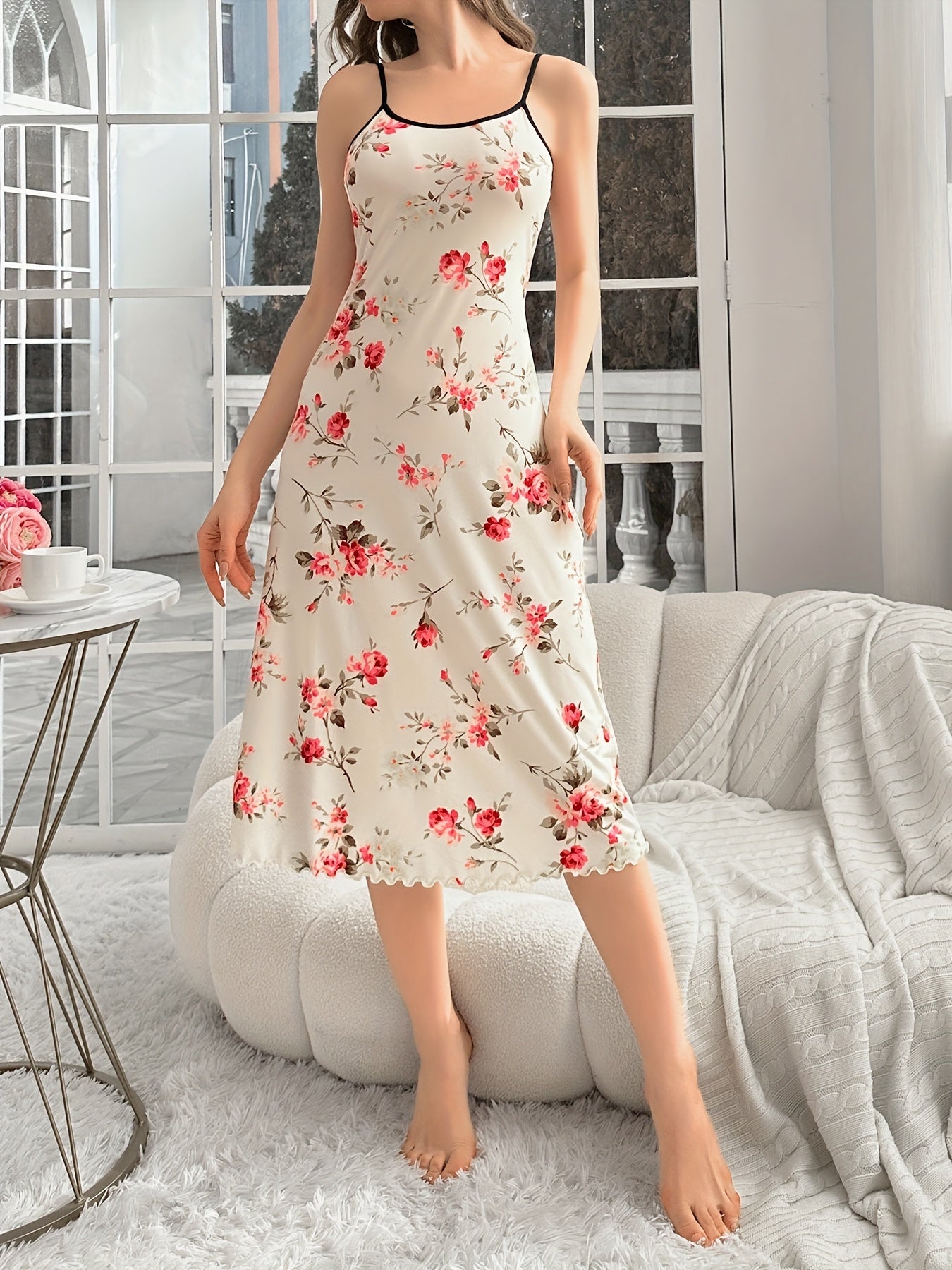 Floral print slip nightdress with lettuce trim, backless design, perfect for women's sleepwear.