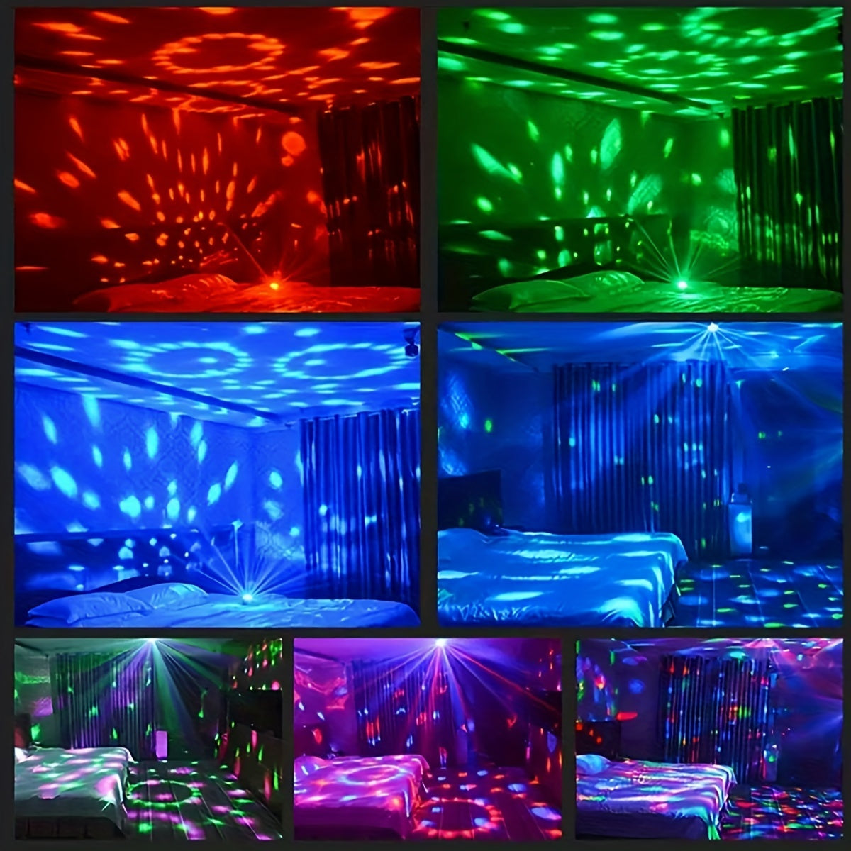 RGB Disco Ball Light with 7 lighting modes, remote control, USB-powered, freestanding plastic construction, ideal for home parties, bars, karaoke, weddings. No laser, multiple room use with button battery operation.