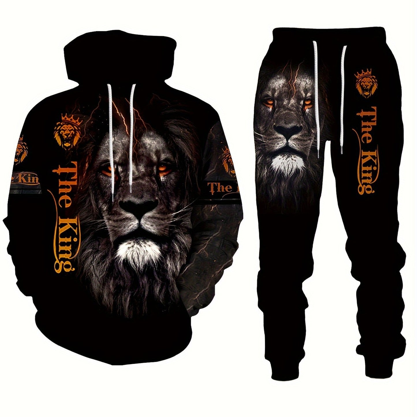 Men's plus size lion print 3D hooded sweatshirt and sweatpants set for autumn/winter.