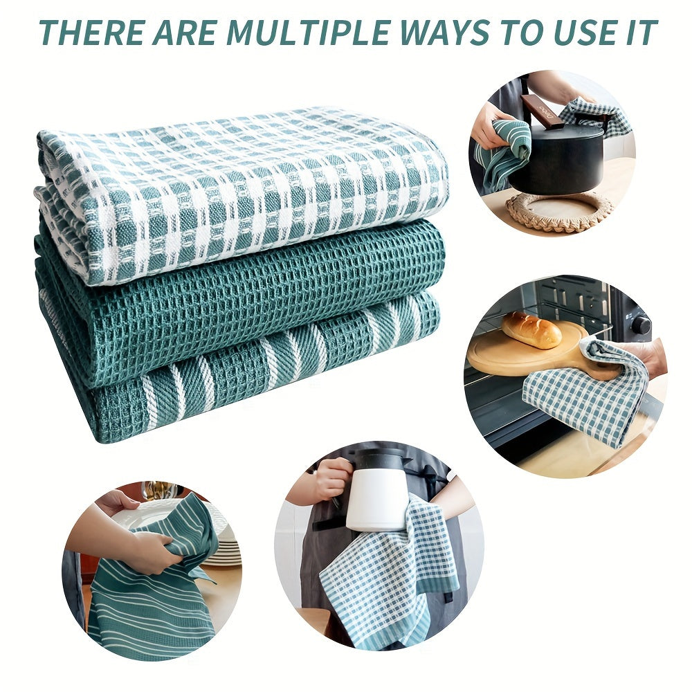 3 large kitchen towels in green, plaid, and striped waffle weave patterns. Soft and absorbent, ideal for drying, cleaning, and washing. Each towel measures 45.01x65.0 cm.