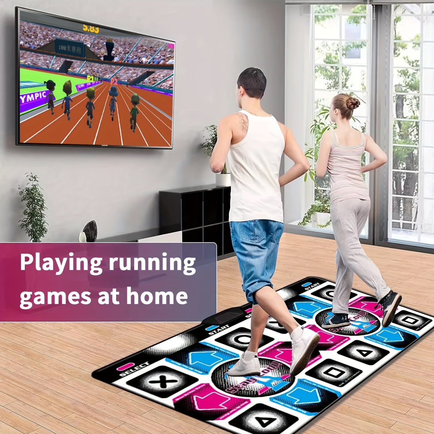 Dual-player dance mat with HD graphics, interactive dance game console, USB powered, PVC material, includes 2 gamepads, for ages 3-8, no batteries needed.