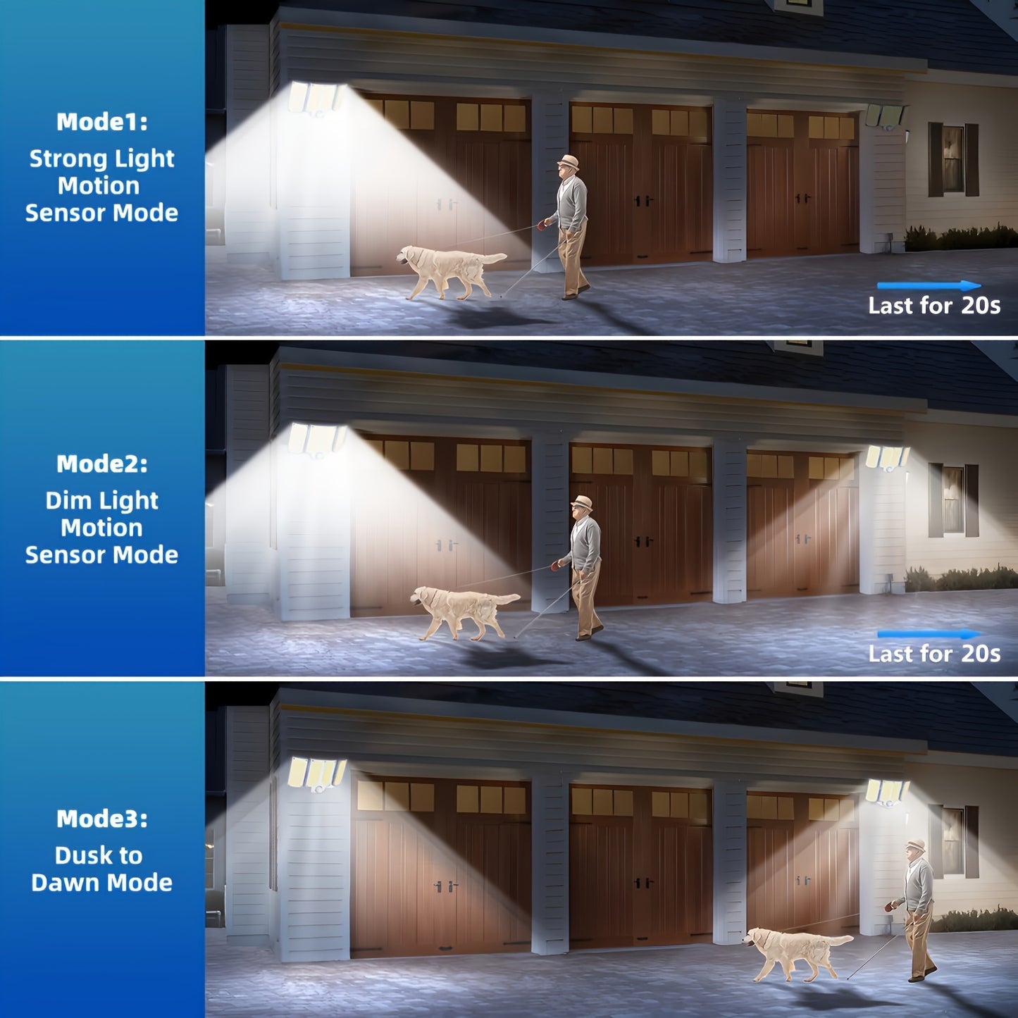 Solar lights with motion sensor and remote control, 3 modes, 3-head solar floodlight for yard, garage, porch.