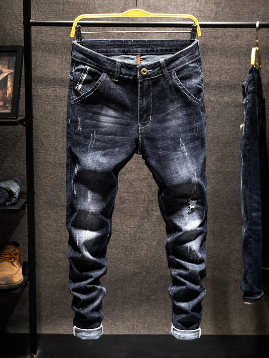 Men's Distressed Ripped Jeans in Regular Fit, made with 74.70% Cotton, 23.70% Polyester, and 1.60% Elastane. Solid color, all-season wear with slight stretch and washed finish. Woven fabric